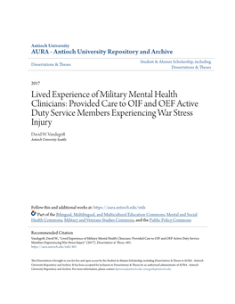 Lived Experience of Military Mental Health Clinicians: Provided Care to OIF and OEF Active Duty Service Members Experiencing War Stress Injury David W