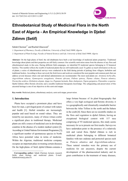 Ethnobotanical Study of Medicinal Flora in the North East of Algeria - an Empirical Knowledge in Djebel Zdimm (Setif)