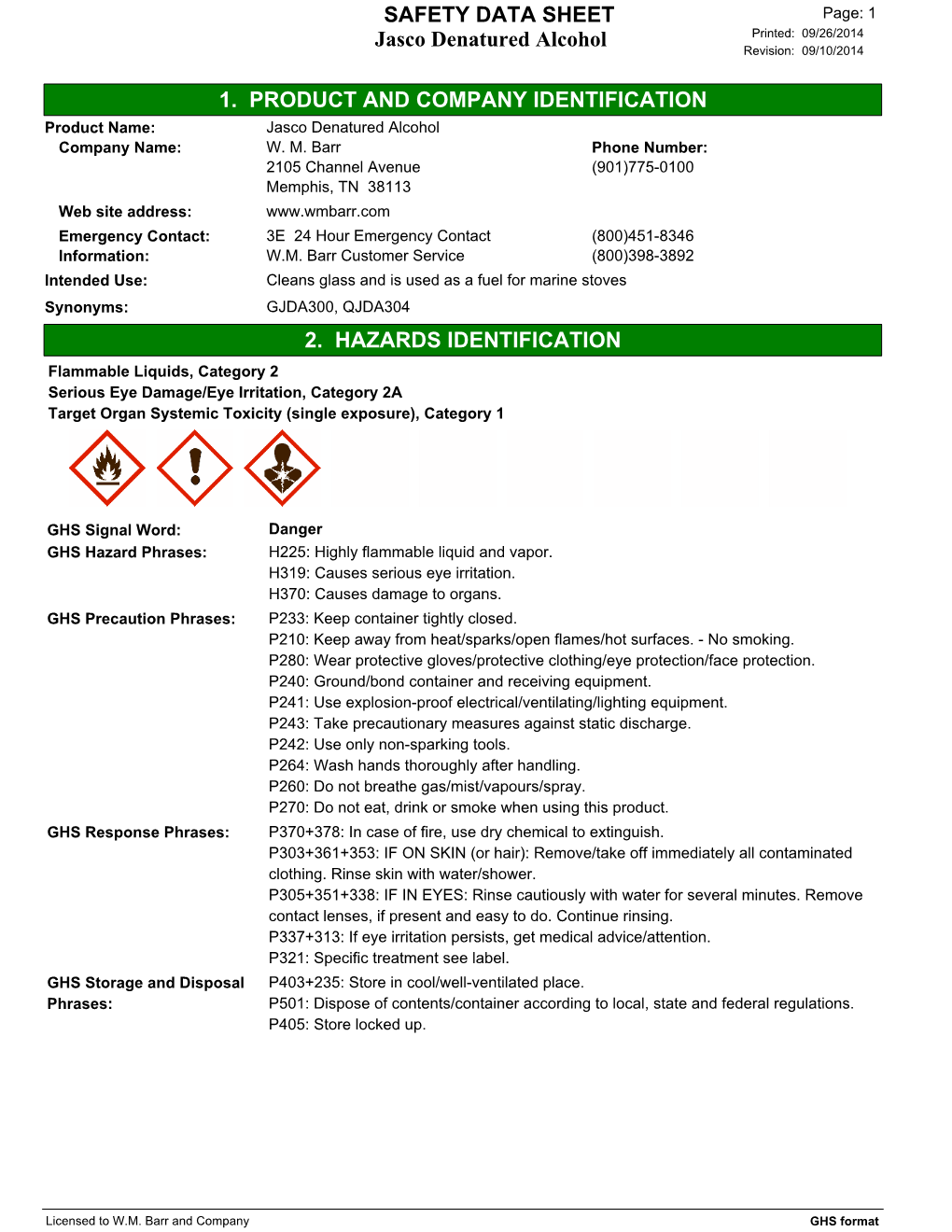 Jasco Denatured Alcohol SAFETY DATA SHEET