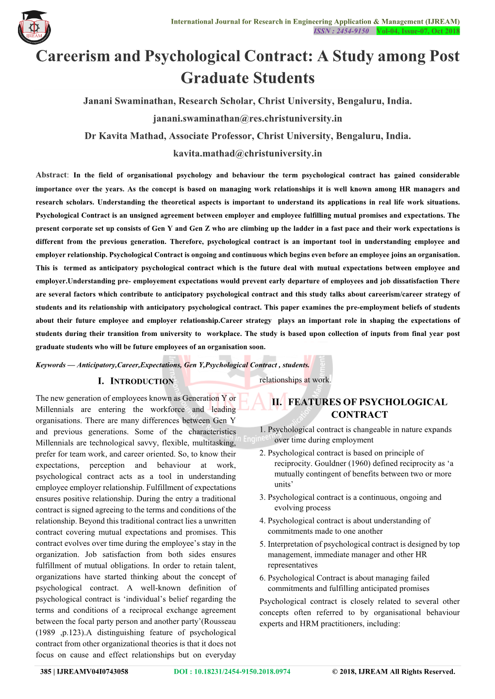 Careerism and Psychological Contract: a Study Among Post Graduate Students Janani Swaminathan, Research Scholar, Christ University, Bengaluru, India