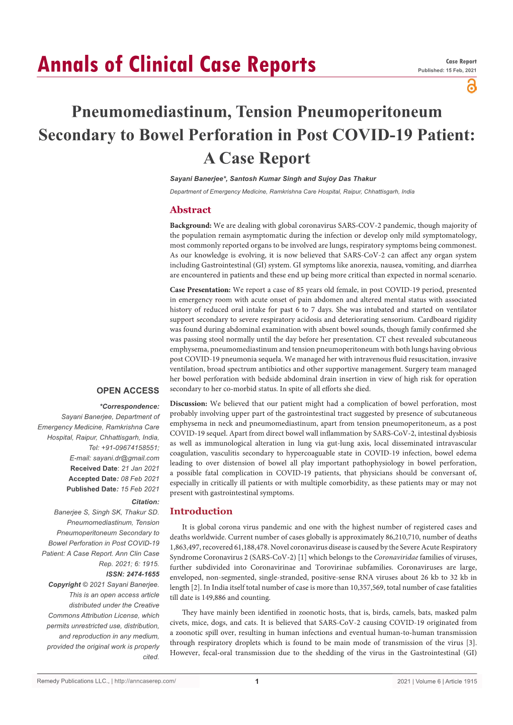 Pneumomediastinum, Tension Pneumoperitoneum Secondary to Bowel Perforation in Post COVID-19 Patient: a Case Report