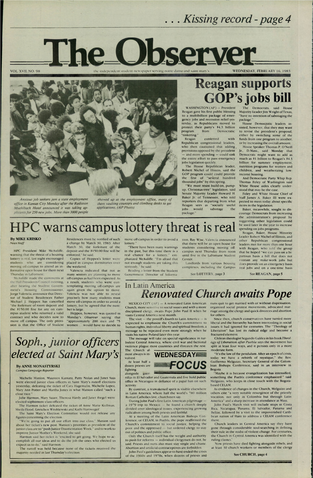 Reagan Supports GOP's Jobs Bill HPC Warns Campus Lottery Threat Is Real