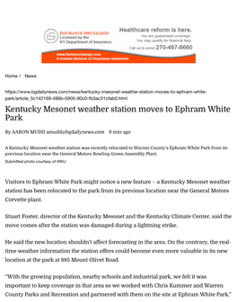 Kentucky Mesonet Weather Station Moves to Ephram White Park