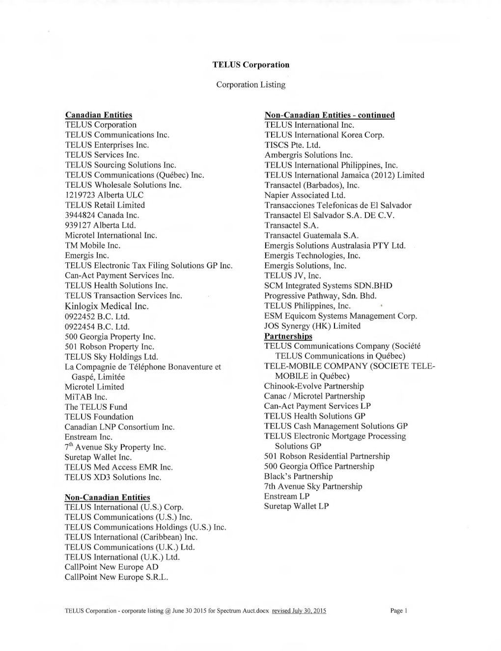 TELUS Corporation Corporation Listing Canadian Entities TELUS