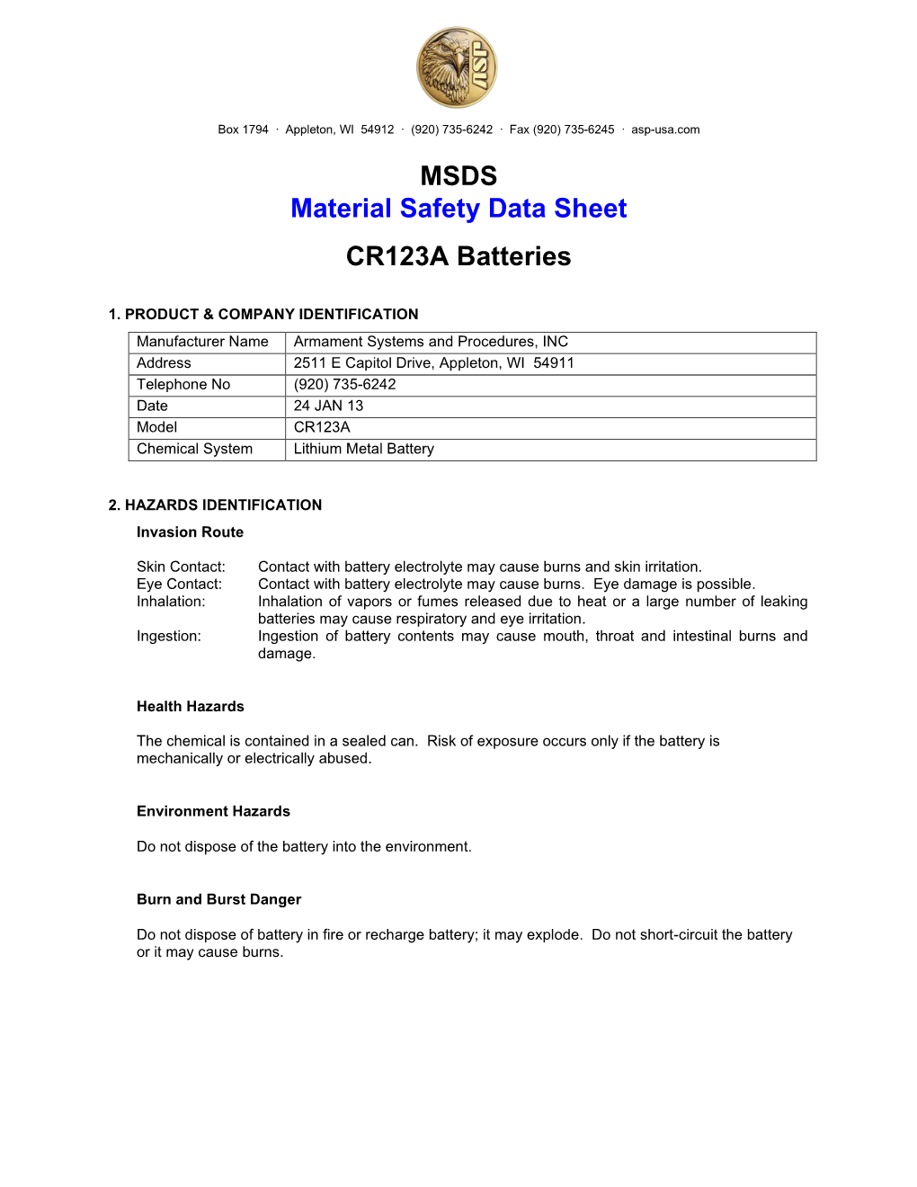 MSDS Material Safety Data Sheet CR123A Batteries