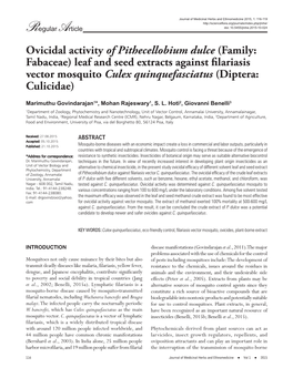 Ovicidal Activity of Pithecellobium Dulce (Family: Fabaceae) Leaf and Seed Extracts Against Fi Lariasis Vector Mosquito Culex Quinquefasciatus (Diptera: Culicidae)