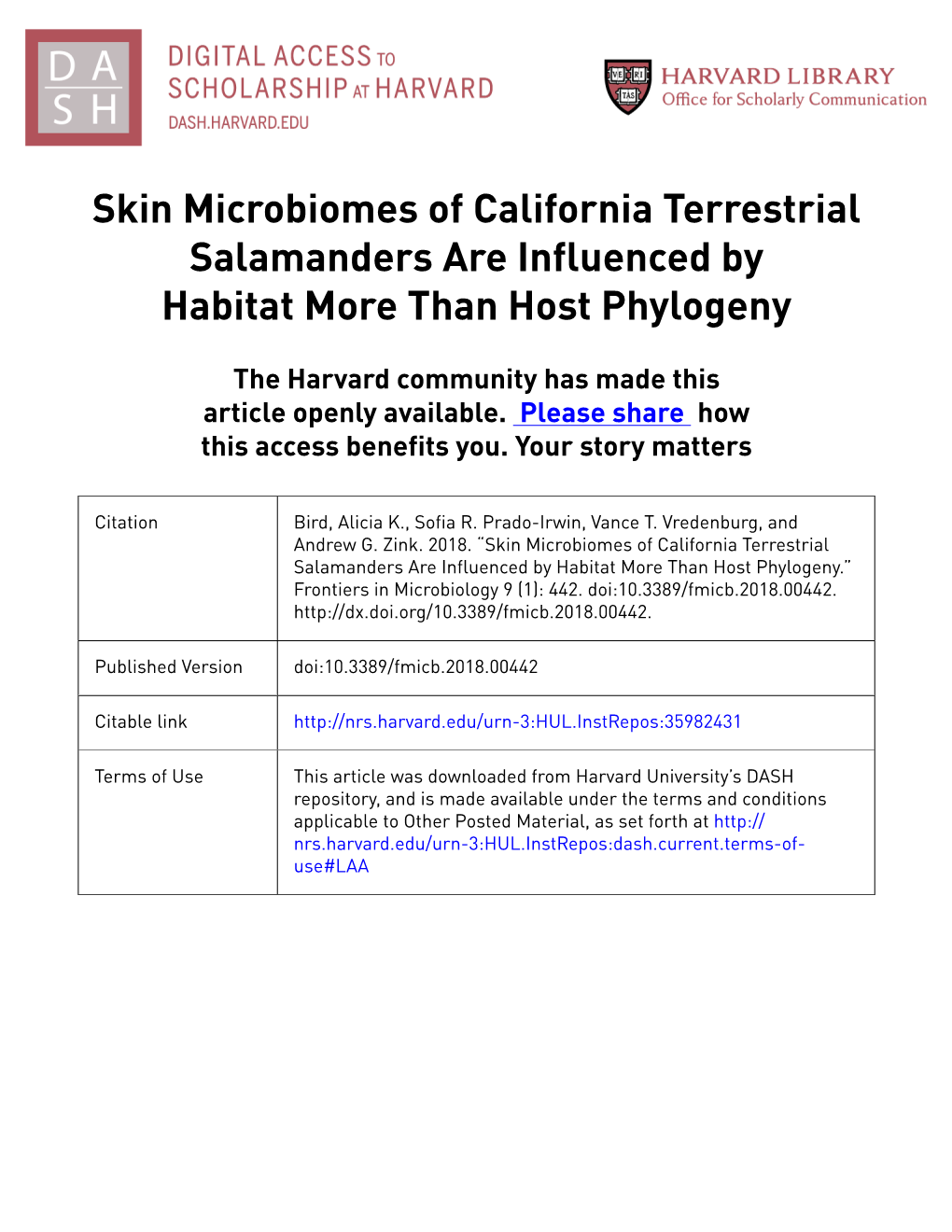 Skin Microbiomes of California Terrestrial Salamanders Are Influenced by Habitat More Than Host Phylogeny