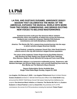 La Phil and Gustavo Dudamel Announce 2020/21 Season That Celebrates the Music of the Americas, Expands the Musical World with Mo