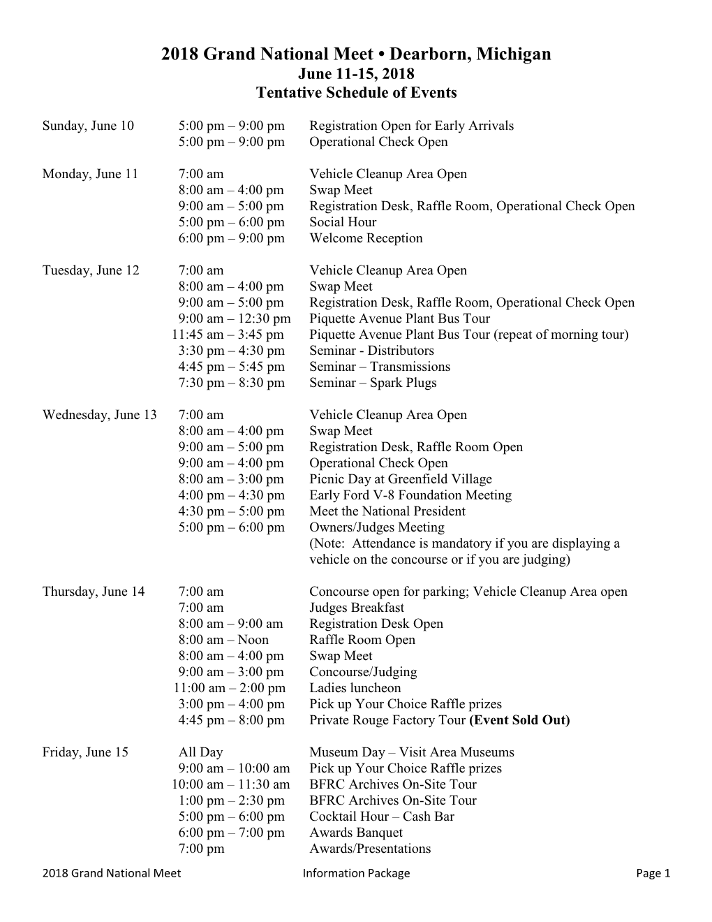 2018 Grand National Meet • Dearborn, Michigan June 11-15, 2018 Tentative Schedule of Events