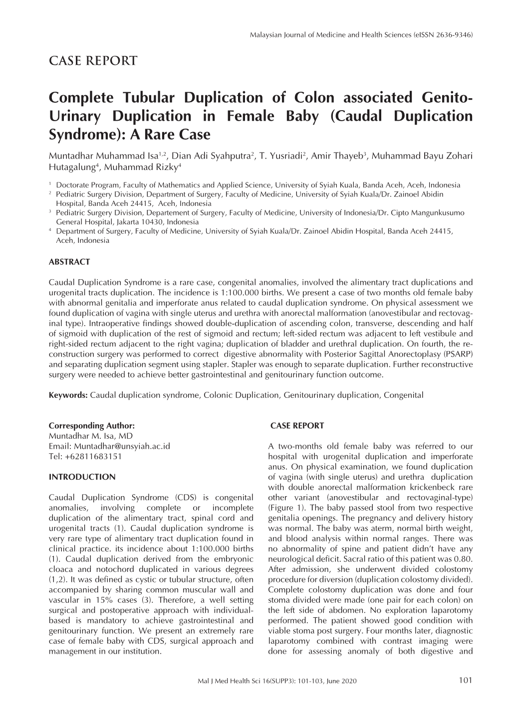 Caudal Duplication Syndrome): a Rare Case Muntadhar Muhammad Isa1,2, Dian Adi Syahputra2, T