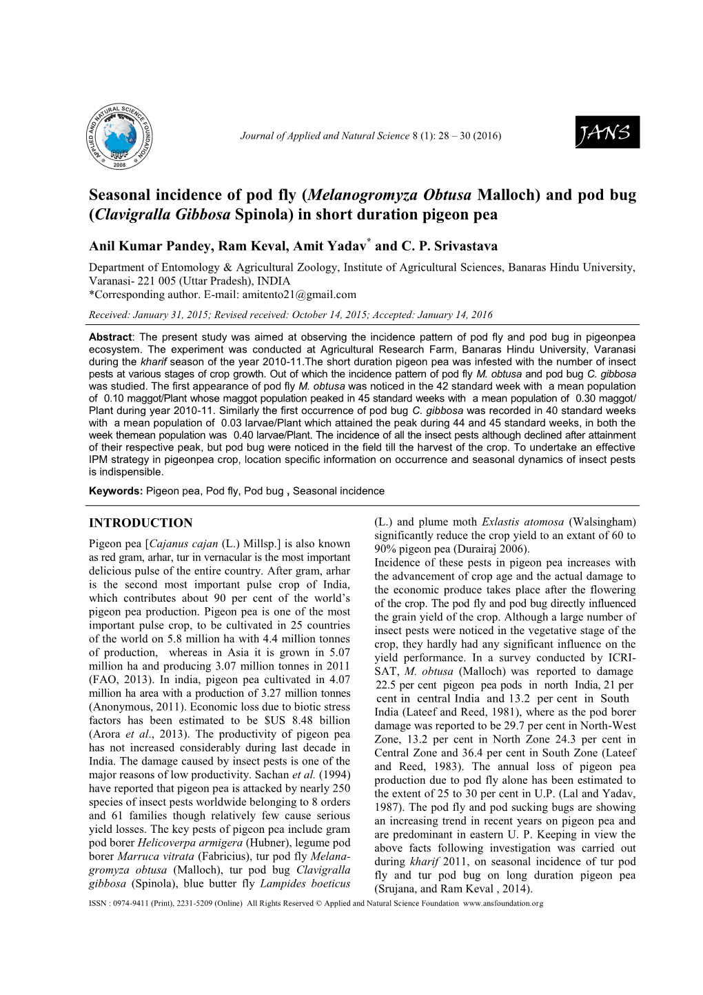Seasonal Incidence of Pod Fly (Melanogromyza Obtusa Malloch) and Pod Bug (Clavigralla Gibbosa Spinola) in Short Duration Pigeon Pea