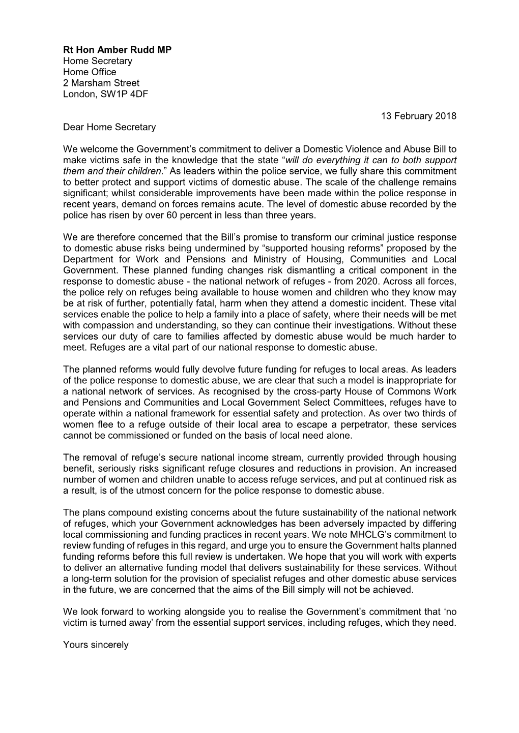 Letter to the Home Secretary Regarding Refuge Provision
