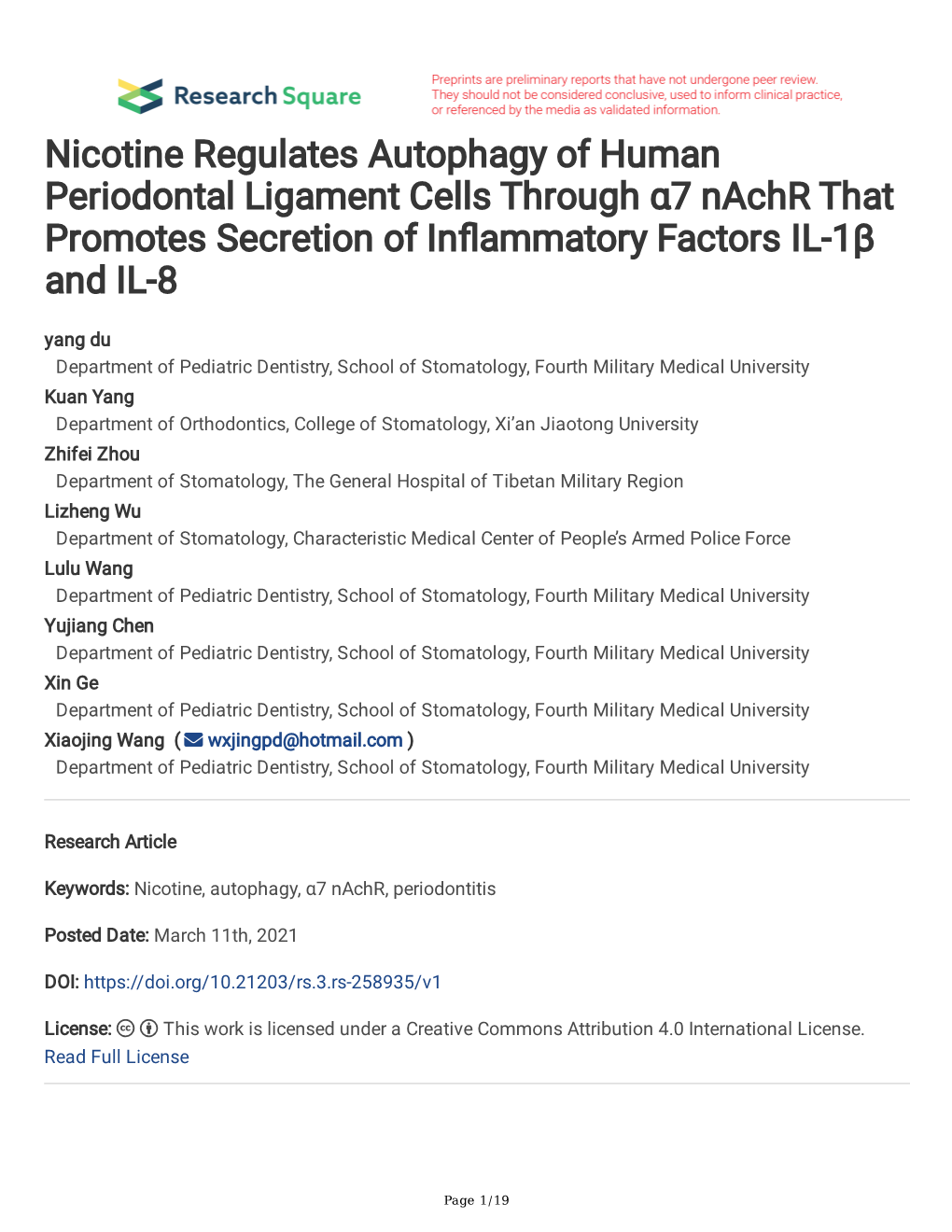 Nicotine Regulates Autophagy of Human Periodontal Ligament Cells