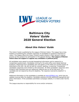 Baltimore City Voters' Guide 2020 Election