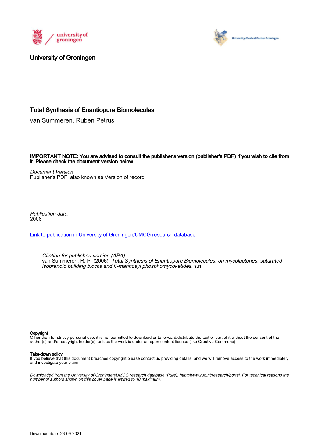 University of Groningen Total Synthesis of Enantiopure