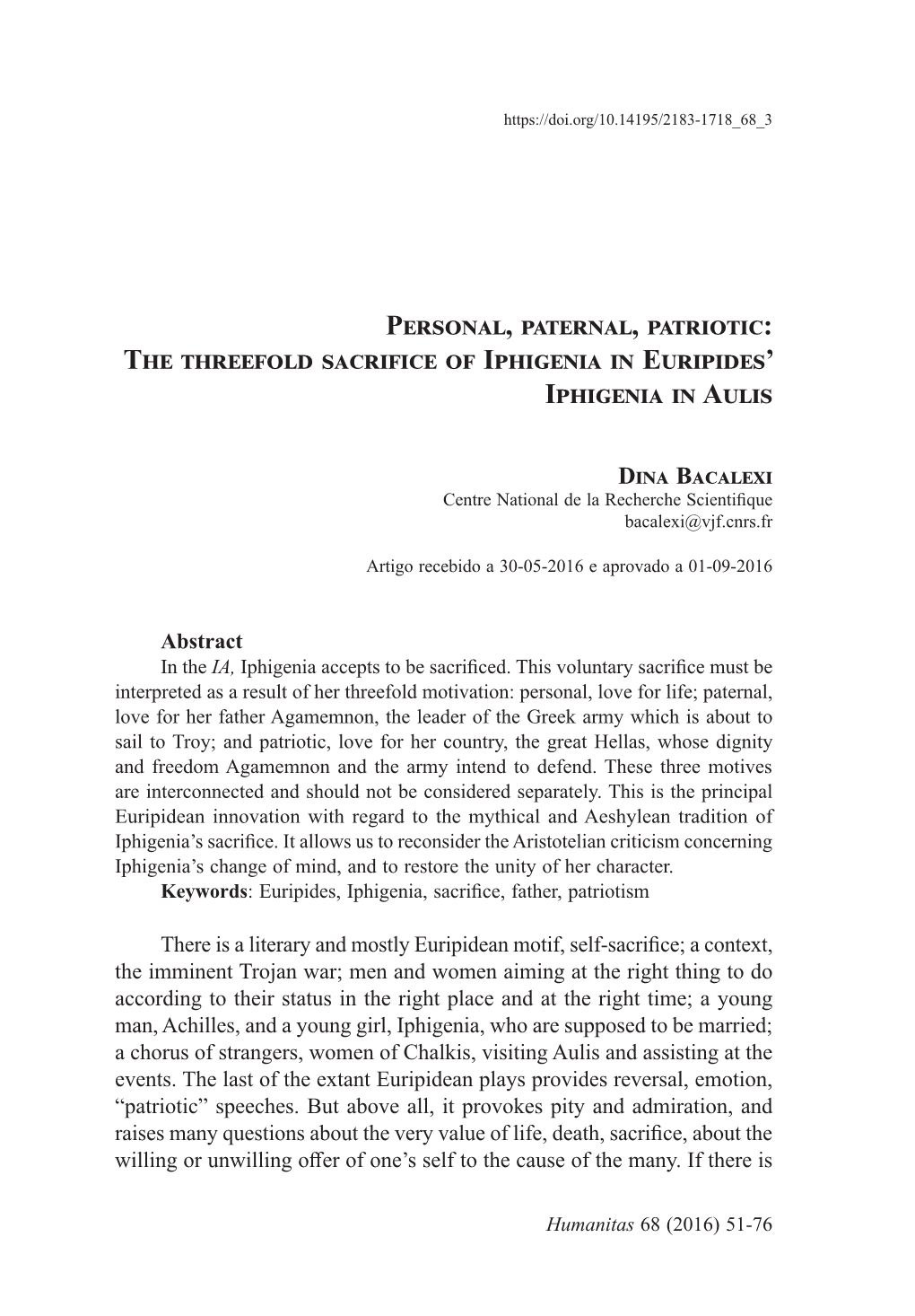 The Threefold Sacrifice of Iphigenia in Euripides' Iphigenia in Aulis