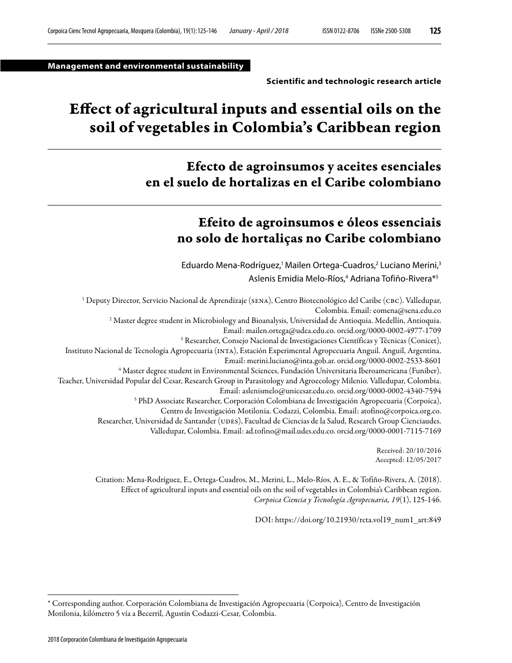 Effect of Agricultural Inputs and Essential Oils on the Soil of Vegetables in Colombia’S Caribbean Region