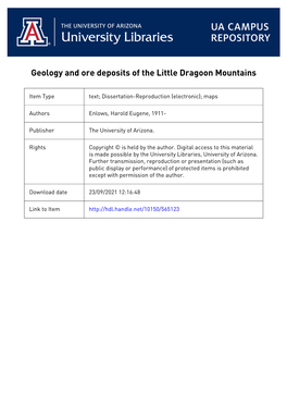Geology and Ore Deposits of the Little Dragoon Mountains by Harold