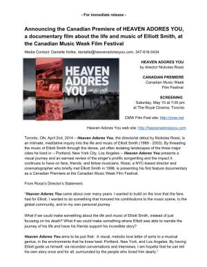 Announcing the Canadian Premiere of HEAVEN ADORES YOU, a Documentary Film About the Life and Music of Elliott