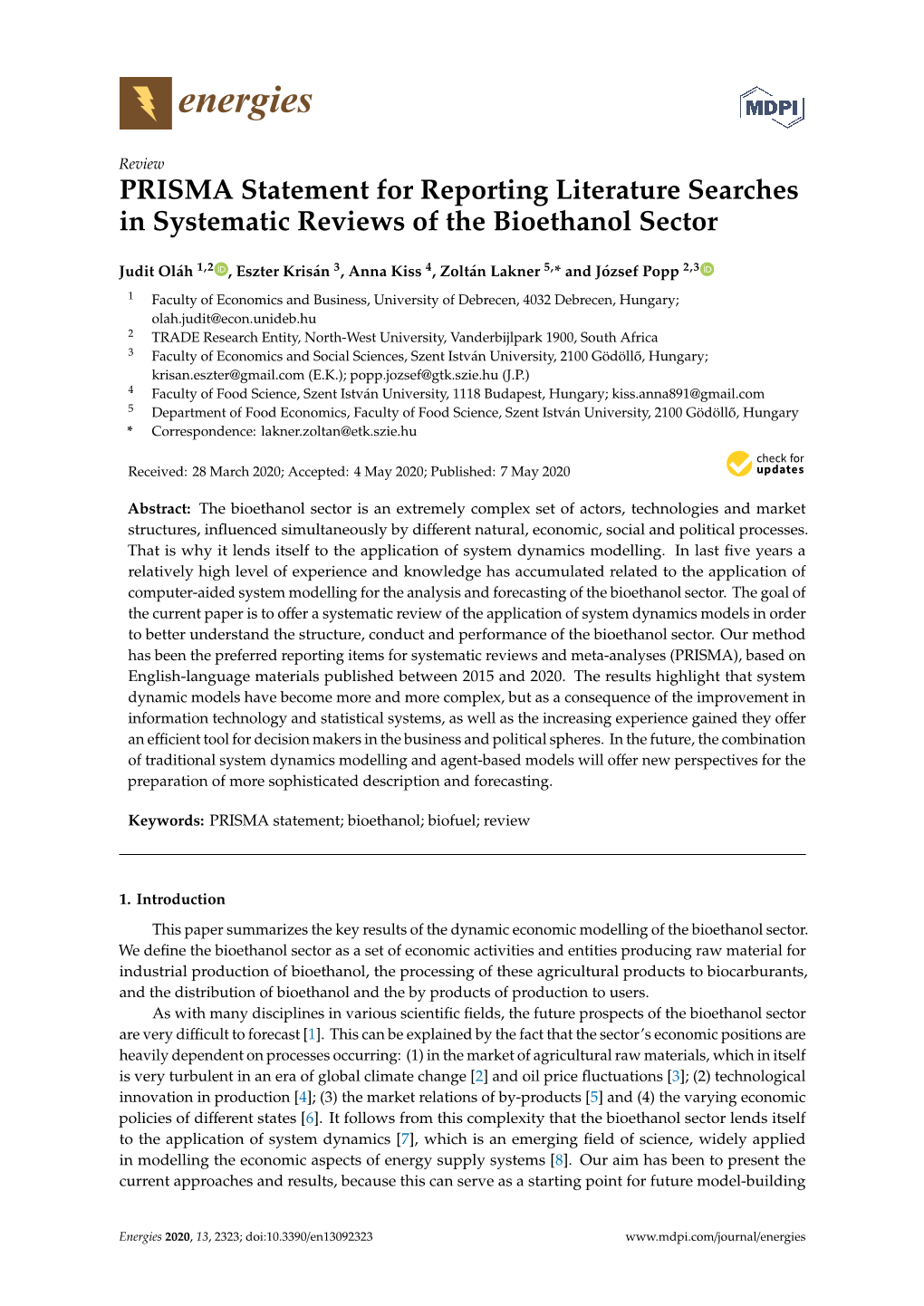 PRISMA Statement for Reporting Literature Searches in Systematic Reviews of the Bioethanol Sector