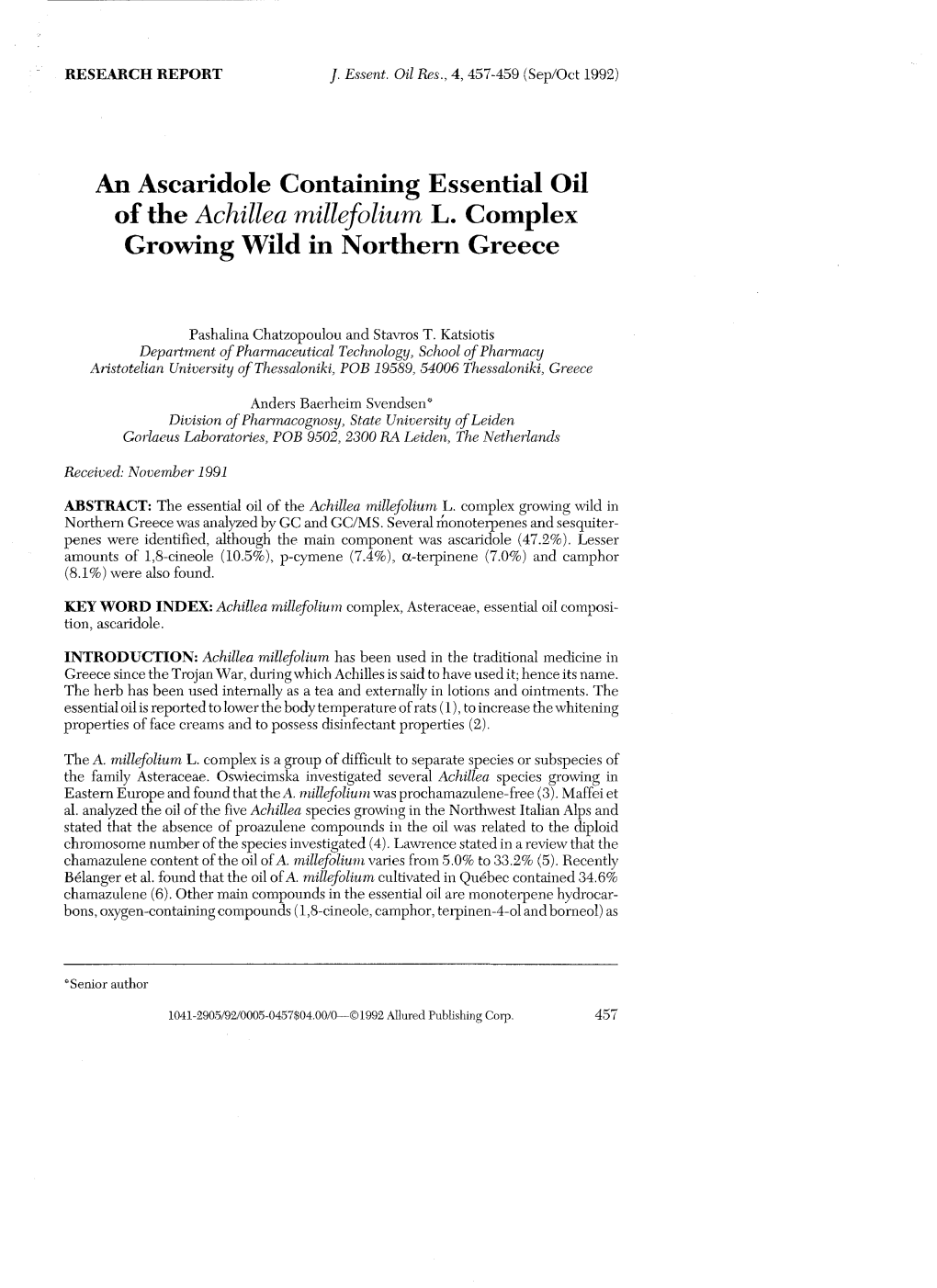 An Ascaridole Containing Essential Oil of the Achillea Rnillefolium L