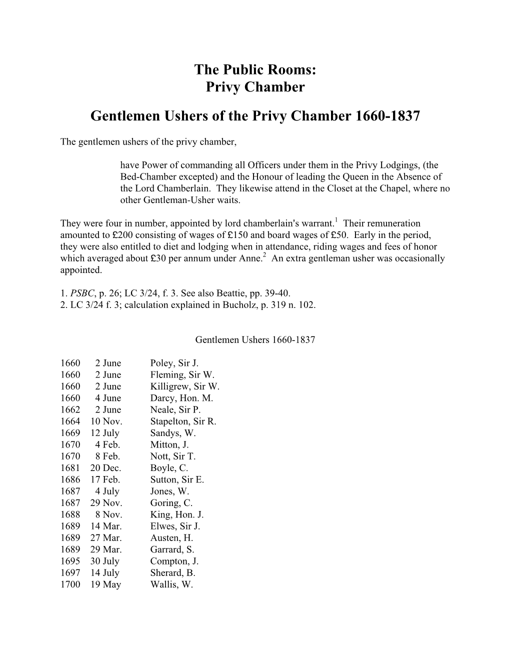 Privy Chamber Gentlemen Ushers of the Privy Chamber 1660-1837