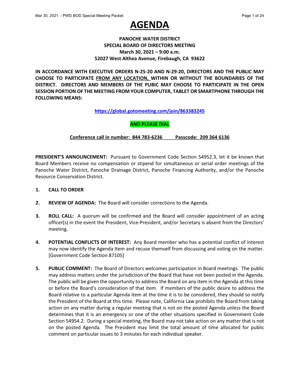 Meeting Packet Page 1 of 24 AGENDA PANOCHE WATER DISTRICT SPECIAL BOARD of DIRECTORS MEETING March 30, 2021 – 9:00 A.M