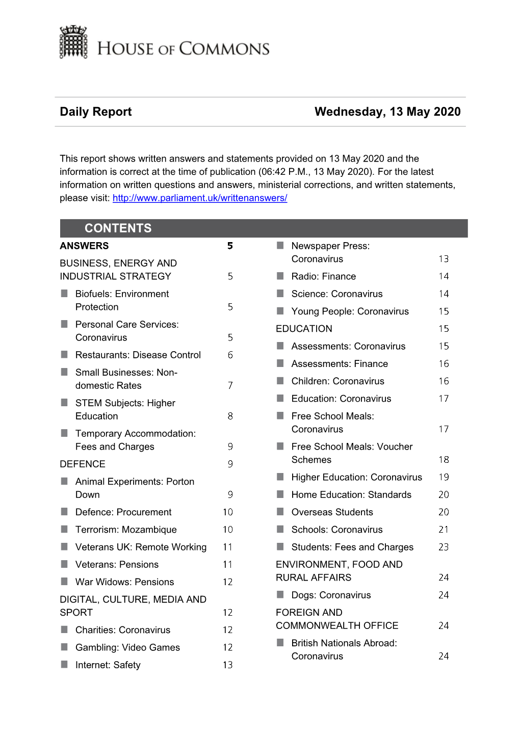 Daily Report Wednesday, 13 May 2020 CONTENTS