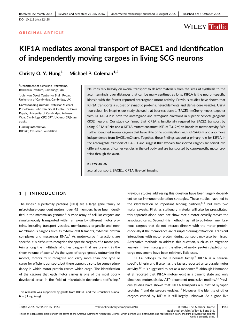 KIF1A Mediates Axonal Transport of BACE1 and Identification Of