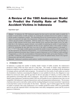 A Review of the 1985 Andreassen Model to Predict the Fatality Rate of Trafﬁ C Accident Victims in Indonesia