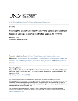 Creating the Black California Dream: Virna Canson and the Black Freedom Struggle in the Golden State’S Capital, 1940-1988