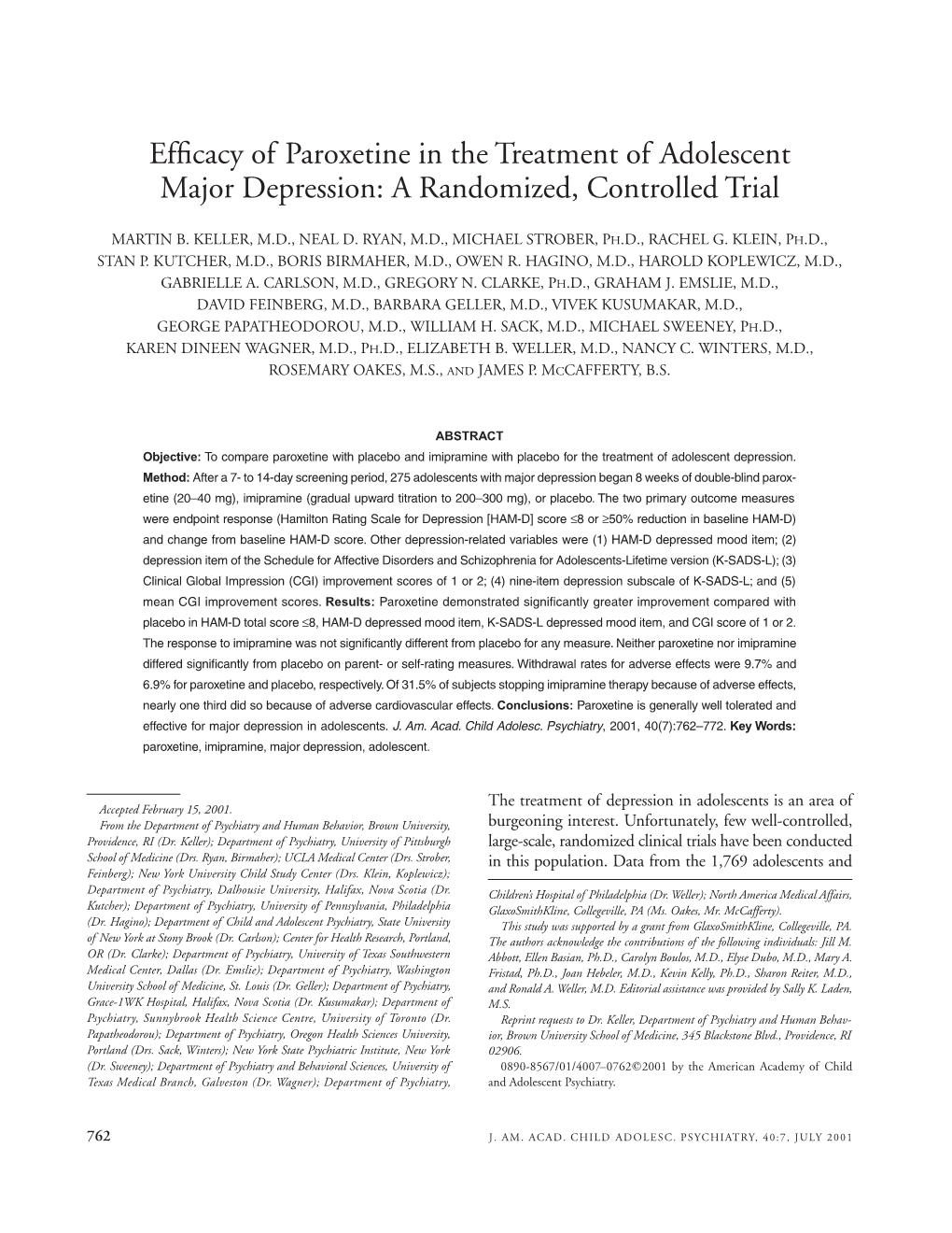 Efficacy of Paroxetine in the Treatment of Adolescent Major Depression: A