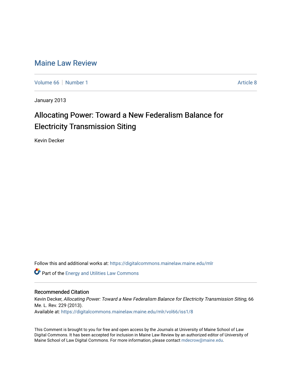 Toward a New Federalism Balance for Electricity Transmission Siting