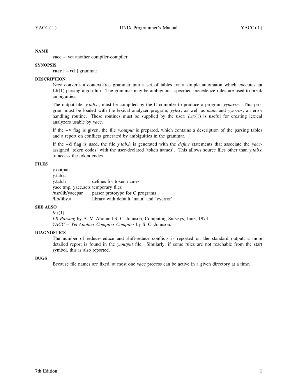 UNIX Programmer's Manual YACC (