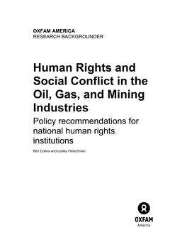Human Rights and Social Conflict in the Oil, Gas, and Mining Industries Policy Recommendations for National Human Rights Institutions