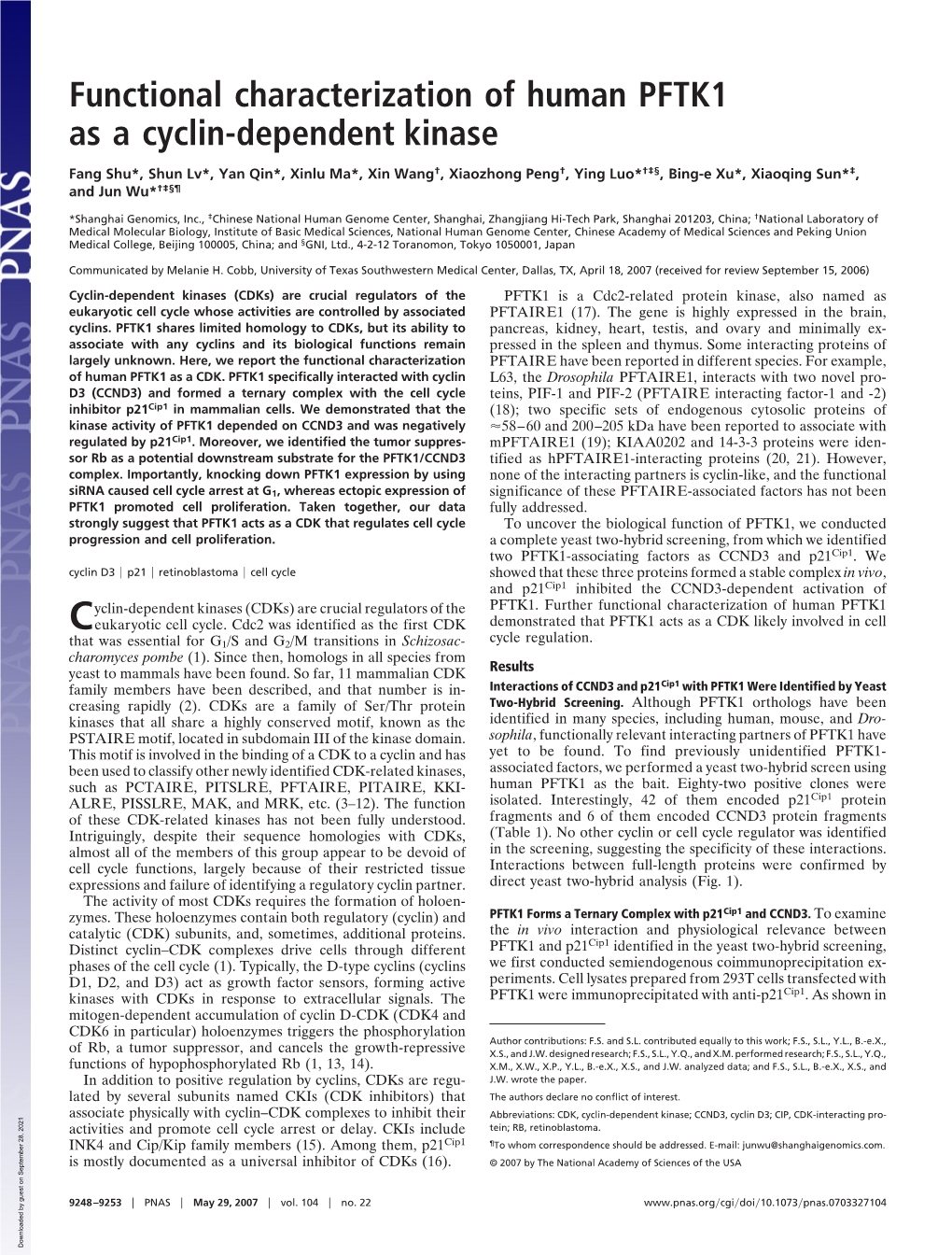 Functional Characterization of Human PFTK1 As a Cyclin-Dependent Kinase