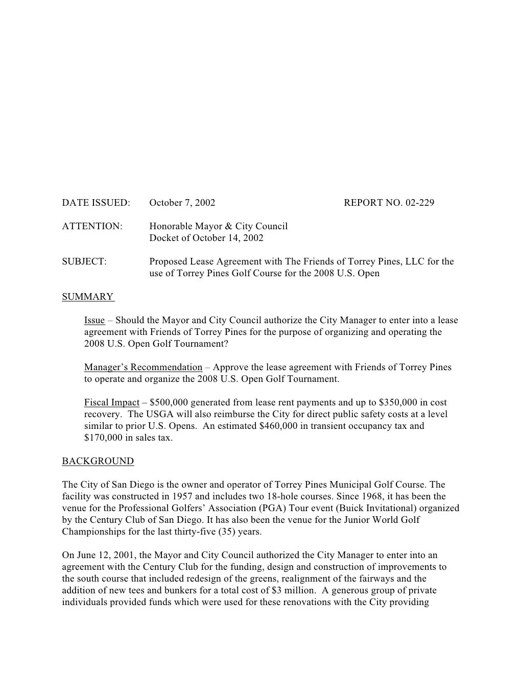 DATE ISSUED: October 7, 2002 REPORT NO. 02-229 ATTENTION