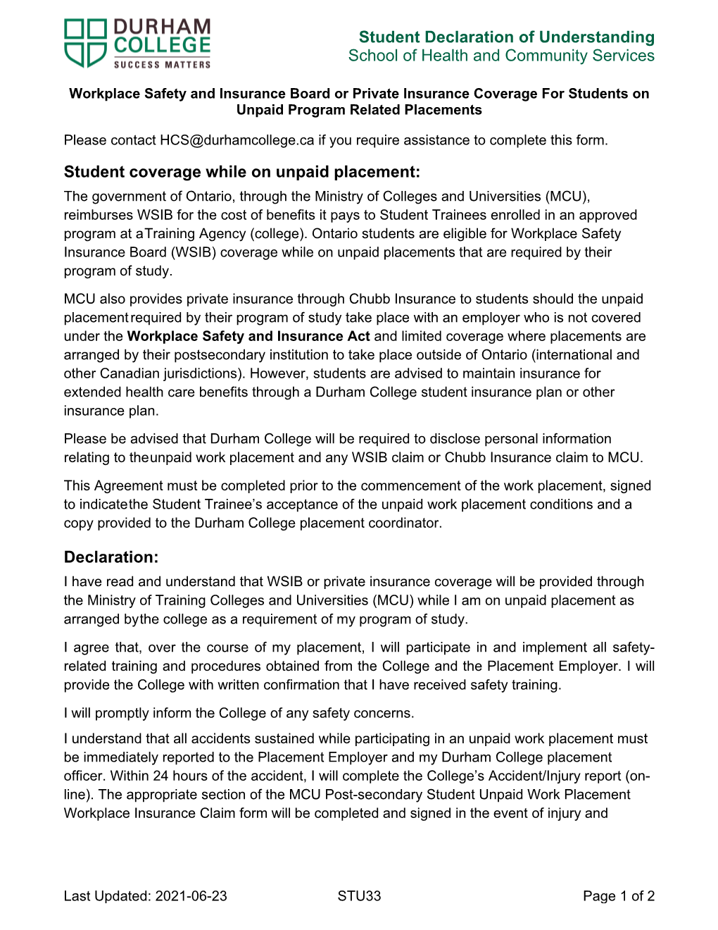 STU33 Page 1 of 2 Student Declaration of Understanding School of Health and Community Services