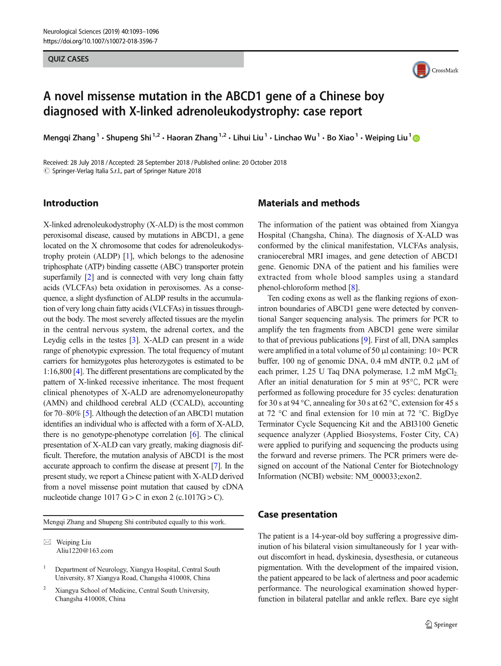 A Novel Missense Mutation in the ABCD1 Gene of a Chinese Boy Diagnosed with X-Linked Adrenoleukodystrophy: Case Report