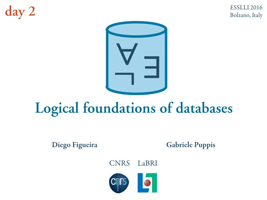 Day 2 Bolzano, Italy ∀ ¬∃ Logical Foundations of Databases