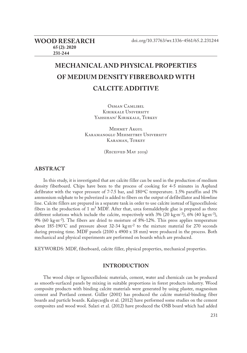 Mechanical and Physical Properties of Medium Density Fibreboard with Calcite Additive