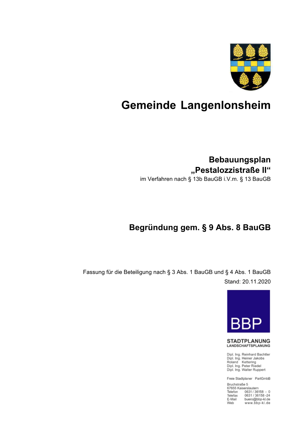 Bebauungsplan „Pestalozzistraße II“ Im Verfahren Nach § 13B Baugb I.V.M