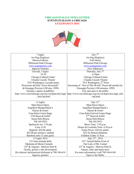 Chicago Italian News Letter Eventi Italiani a Chicago Luglio/July 2014