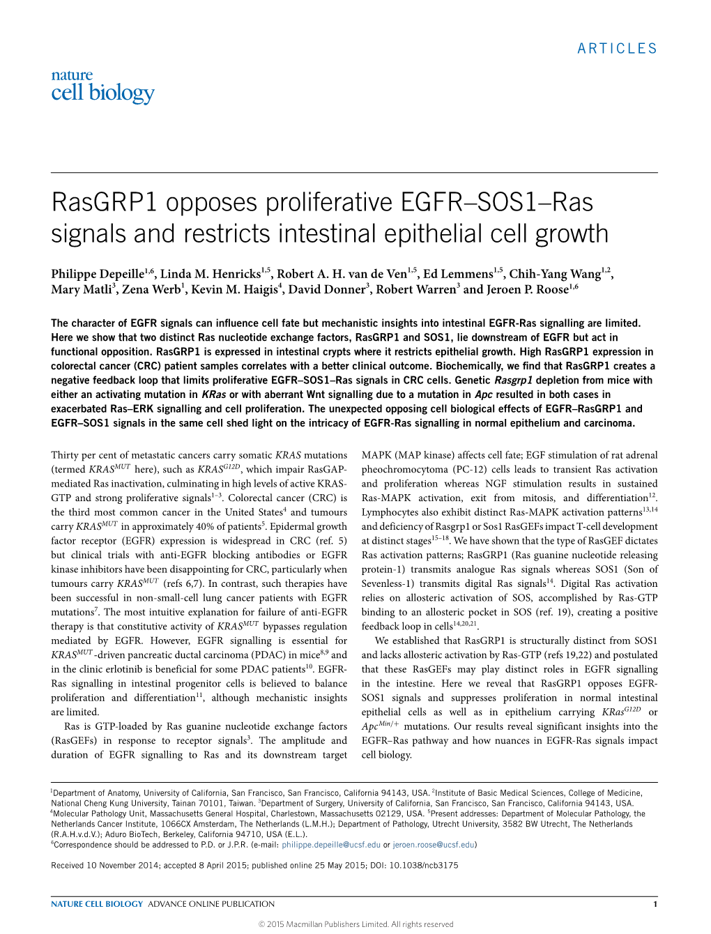 Rasgrp1 Opposes Proliferative EGFR–SOS1–Ras Signals and Restricts Intestinal Epithelial Cell Growth