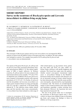 SHORT REPORT Survey on the Occurrence of Brachyspira Species and Lawsonia Intracellularis in Children Living on Pig Farms