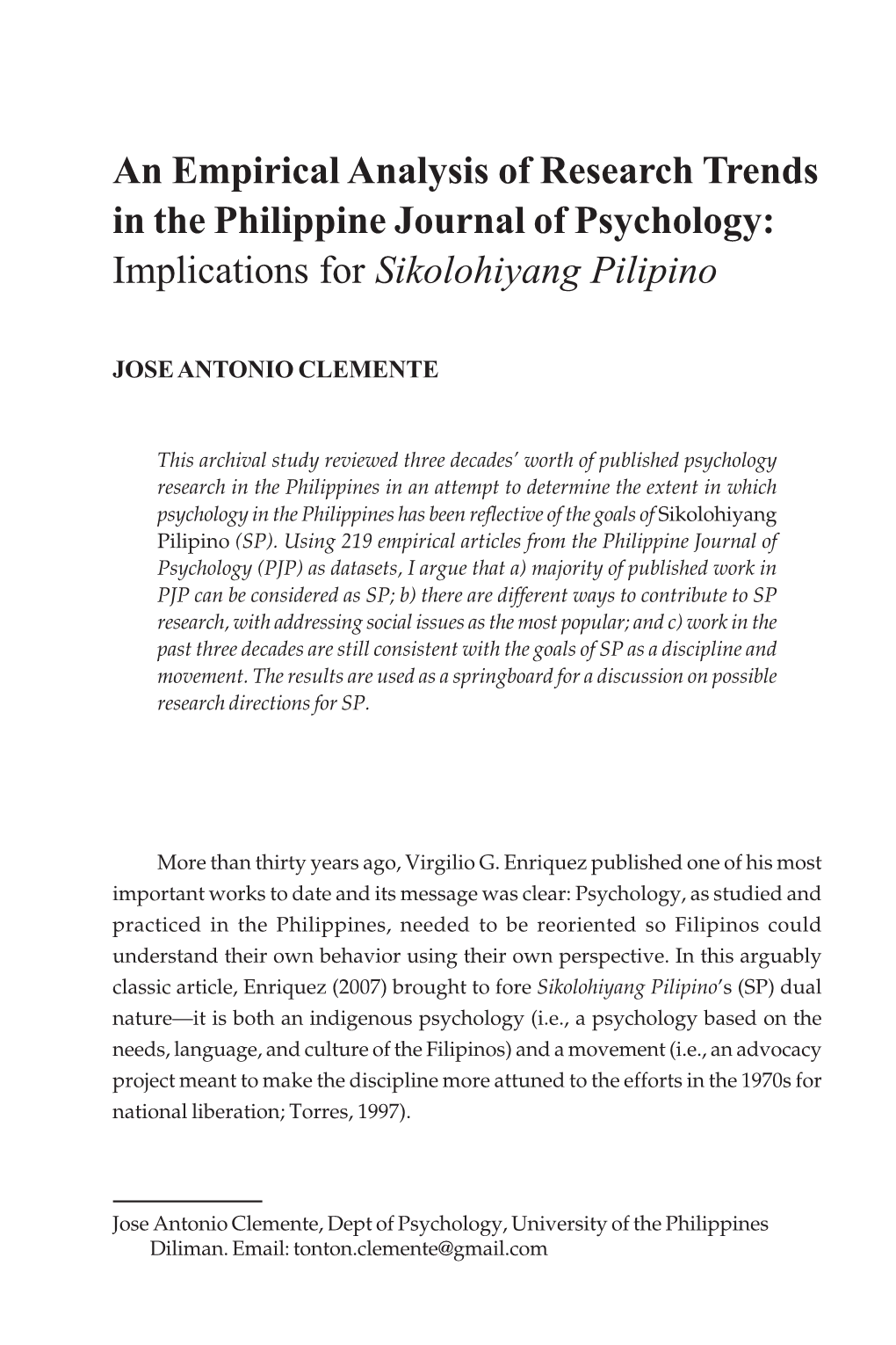 An Empirical Analysis of Research Trends in the Philippine Journal of Psychology: Implications for Sikolohiyang Pilipino