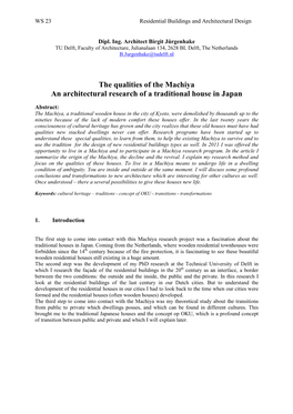 The Qualities of the Machiya an Architectural Research of a Traditional House in Japan