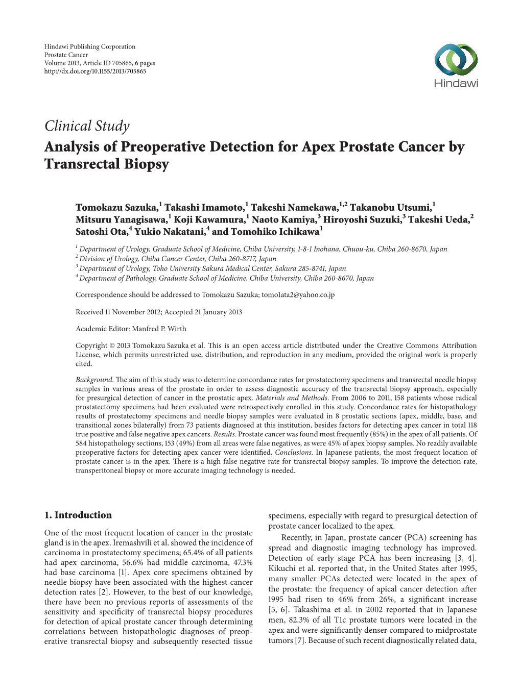 Clinical Study Analysis of Preoperative Detection for Apex Prostate Cancer by Transrectal Biopsy