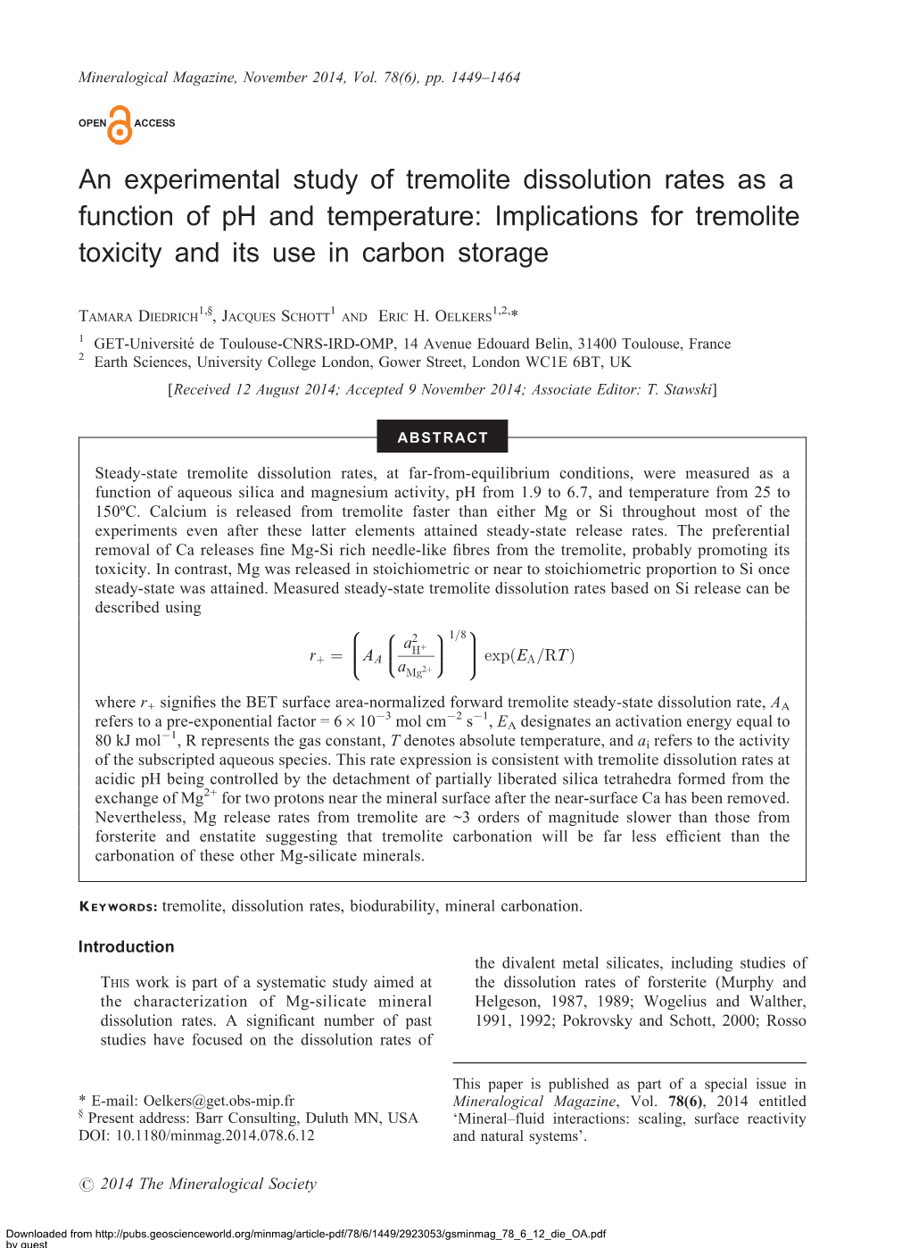 An Experimental Study of Tremolite Dissolution Rates As a Function of Ph and Temperature: Implications for Tremolite Toxicity and Its Use in Carbon Storage