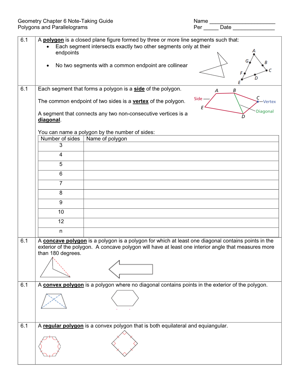 Geometry Chapter 6 Note-Taking Guide Name ______Polygons and Parallelograms Per _____ Date ______